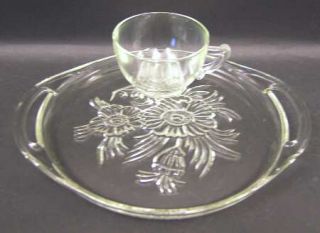 Jeannette Camellia (No Gold Trim) Snack Plate and Cup Set   Clear,Center Floral