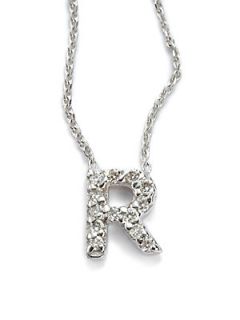 Diamond R Initial Pendant Necklace   White Gold