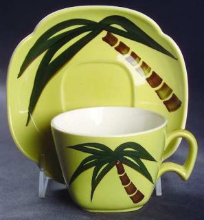 Continental Kilns Tahiti Flat Cup & Saucer Set, Fine China Dinnerware   Greenish