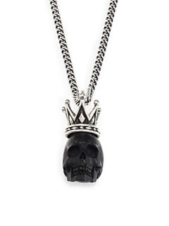 King Baby Studio Skull with Crown Pendant Necklace   Sterling Silver Black