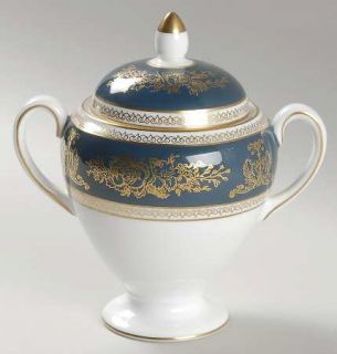 Wedgwood Columbia Blue & Gold Globe Shape Sugar Bowl & Lid, Fine China Dinnerwar