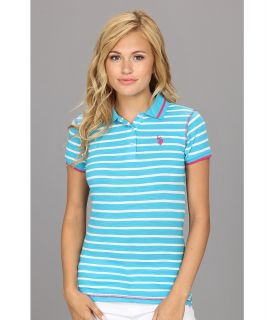U.S. Polo Assn Cotton Slub Stripe Short Sleeve Polo Womens Short Sleeve Knit (Blue)