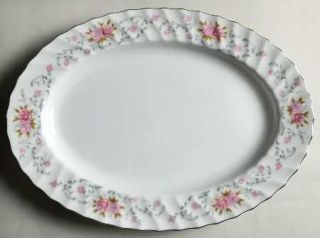 Lovely Anne 12 Oval Serving Platter, Fine China Dinnerware   Pink Roses,Gray Sc