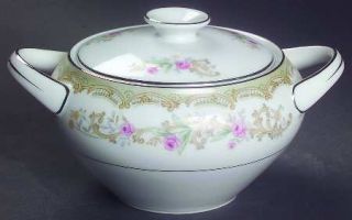 Meito Kenwood Sugar Bowl & Lid, Fine China Dinnerware   Gray/Green Border,  Flor