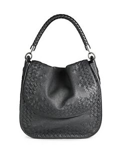 Bottega Veneta Medium Woven Leather Flap Top Shoulder Bag   Black