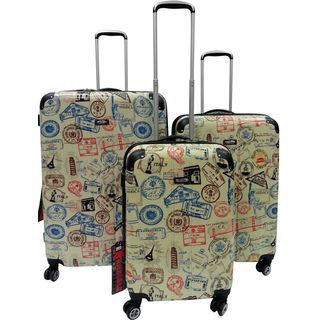 Kemyer World Series Mocha Stamp 3 piece Wide Body Polycarbonate Hardside Spinner Luggage Set (Eiffel SeriesMaterials PolycarbonPockets OneWeight 28 poundsCarrying handle 2 handles per bagStrap NAWheeledWheel type SpinnersExterior dimensions of each 