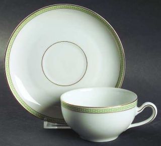 Heinrich   H&C Greek Key Green Flat Cup & Saucer Set, Fine China Dinnerware   Gr