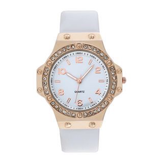 Womens Faux Leather Stone Accent Watch, White