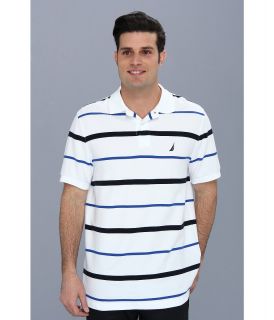 Nautica Anchor Stripe Deck Polo Shirt Mens Short Sleeve Pullover (White)