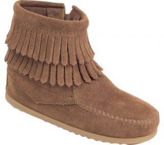 Childrens Minnetonka Side Zip Double Fringe   Taupe Suede Boots