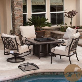 Christopher Knight Home Hemmingway 5 piece Fire Pit Set (Black frame with tan cushionsSome assembly required; instructions and tools includedUnique table turns into a firepit with a shield and screenSturdy constructionNeutral colors to match any outdoor d