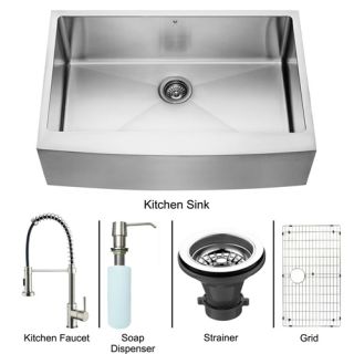Vigo Industries VG15103 Kitchen Sink Set, Farmhouse Sink, Faucet, Grid, Strainer amp; Dispenser Stainless Steel