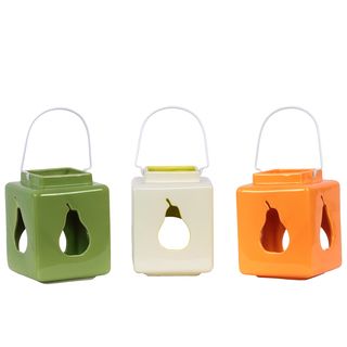 Square Ceramic Lanterns With Pear Cutout (set Of 3) (Green/white/orangeIncludes Set of three (3) square lanterns with apple cutout Material CeramicSize 11.5 inches high x 5.5 inches wide x 5.5 inches long Wire handleFor decorative purposes onlyDoes not