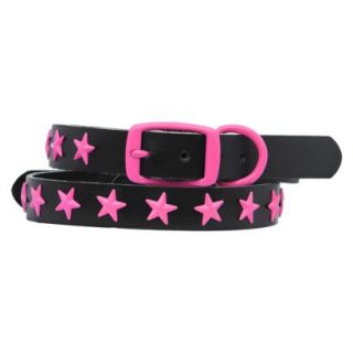 Platinum Pets Black Genuine Leather Dog Collar with Stars   Pink (9.5   12.5)
