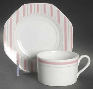 Mikasa Preppie Pink Flat Cup & Saucer Set, Fine China Dinnerware   Pink & Gray S
