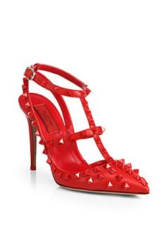Valentino Rouge Rockstud Leather Slingback Pumps   Red