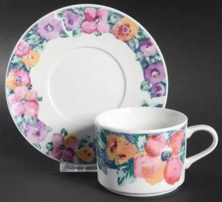 Gibson Designs Romance Flat Cup & Saucer Set, Fine China Dinnerware   Floral On