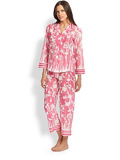 Oscar de la Renta Sleepwear Floral Print Cotton Pajama Set   White/Pink