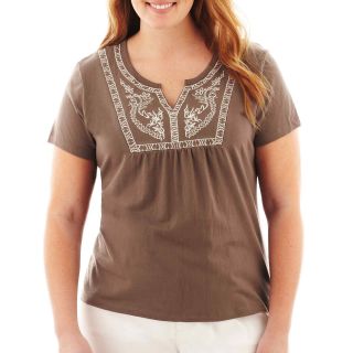 St. Johns Bay St. John s Bay Short Sleeve Embroidered Tee   Plus, Brown, Womens