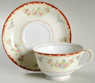 Kongo Kon5 Footed Cup & Saucer Set, Fine China Dinnerware   Red Edge,Floral Spra