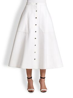 Carven Button Front Cotton A Line Skirt   White