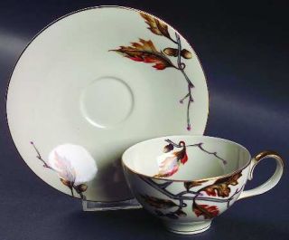 Meito Royal Oak Flat Cup & Saucer Set, Fine China Dinnerware   Branch,Leaves,Aco