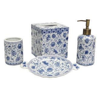 Blue And White Florettes Porcelain Bath Accessory 4 piece Set