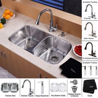 Kraus KBU22KPF2220KSD30CH 32 inch Undermount Double Bowl Stainless Steel Kitchen Sink with Chrome Kitchen Faucet and Soap Dispenser