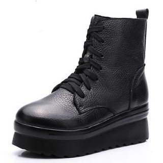 Leather Womens Wedge Heel Motorcycle Boots Ankle Boots With Lace up