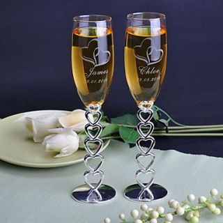 Personalized Wedding Toasting Flutes With Linked Heart Stem