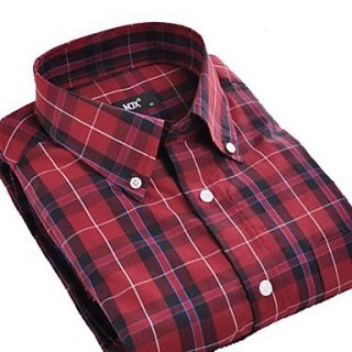 Mens Casual Cotton Dark Red Short Sleeve Plaid Shirt