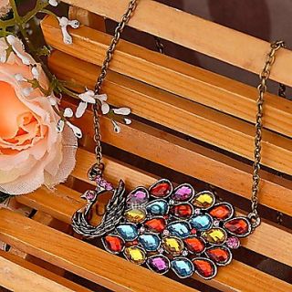 Women Vintage Colorful Peacock Pendant Crystal Sweater Necklace Chain