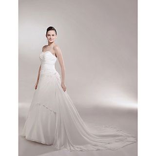 A line/Princess Side Draped Cathedral Train Luxury Wedding Dress With Beaded Appliques