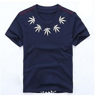 Mens Round Neck Leaves Print Casual T Shirt