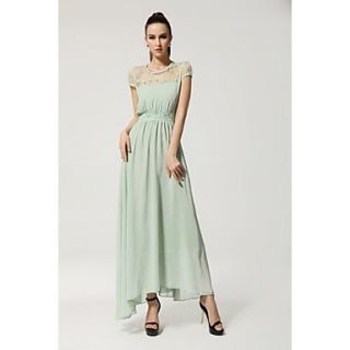Womens Lace Colloar Short Sleeve Beam Waist Plus Size Evening Party Long Dress