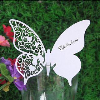 Laser Cut Heart Pattern Butterfly Place Card for Wine Glass   Set of 24 (More Colors)