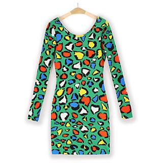 Lishang Womens Colorful Leopard Print Long Sleeve Dress(Green)