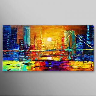Hand Painted Oil Painting Landscape Modern Street Scenery in the Night with Stretched Frame Ready to Hang