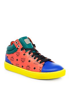 MCM Viseto Colorblock Leather Logo Sneakers   Red