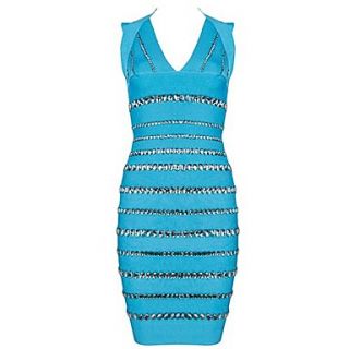 Blue V Neck Stripe Beaded Slim Bodycon Blue Bandage Dress