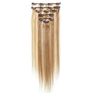 15 Inch #12/613 Mixed Light Brown and Blonde 7 Pcs Human Hair Silky Straight Clips in Hair Extensions