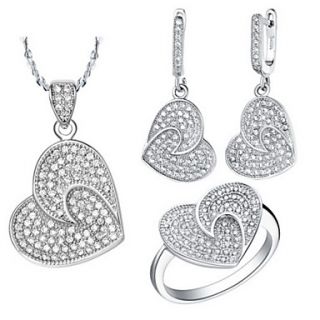 Sweet Silver Plated Silver With Clear Cubic Zirconia Heart Shaped Womens Jewelry Set(Including Necklace,Ring,Earrings)