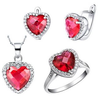 Classic Silver Plated Silver With Cubic Zirconia Heart Womens Jewelry Set(Including Necklace,Earrings,Ring)