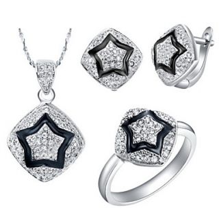 Fashion Silver Plated Silver With Cubic Zirconia Star On Square Womens Jewelry Set(Including Necklace,Earrings,Ring)