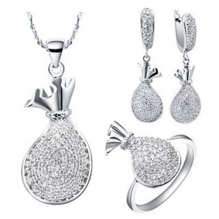 Delicate Silver Plated Cubic Zirconia Purse Shaped Womens Jewelry Set(Necklace,Earrings,Ring)