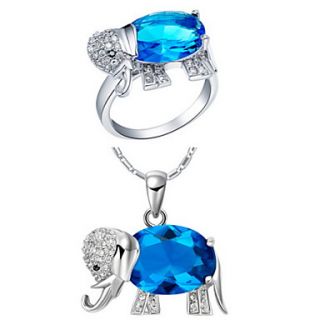 European Silver Plated Cubic Zirconia Elephant Womens Jewelry Set(Necklace,Ring)(Blue,Red,Purple)