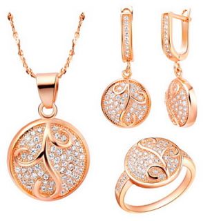 Delicate Silver Plated Cubic Zirconia Grass Round Womens Jewelry Set(Necklace,Earrings,Ring)(Gold,Silver)