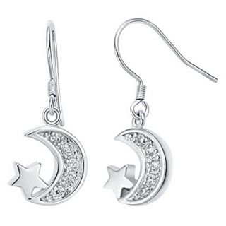 Sweet Silver Plated Silver With Cubic Zirconia Star And Moon Drop Womens Earring
