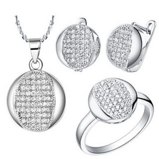 European Silver Plated Silver With Clear Cubic Zirconia Round Womens Jewelry Set(Including Necklace,Ring,Earrings)