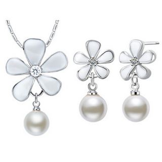 Sweet Silver Plated Silver With Imitation Pearl White Flower Womens Jewelry Set(Including Necklace,Earrings)